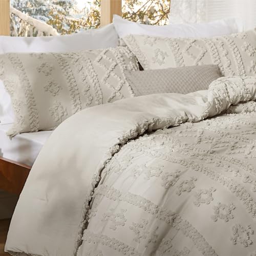 Image of Bedsure Tufted Boho Comforter Set Oversized King - Linen Boho Bed Set, GentleSoft 3 Pieces Farmhouse-Style Embroidery Bedding, Gifts for Woman, Soft Jacquard Kids' Comforter for All Seasons