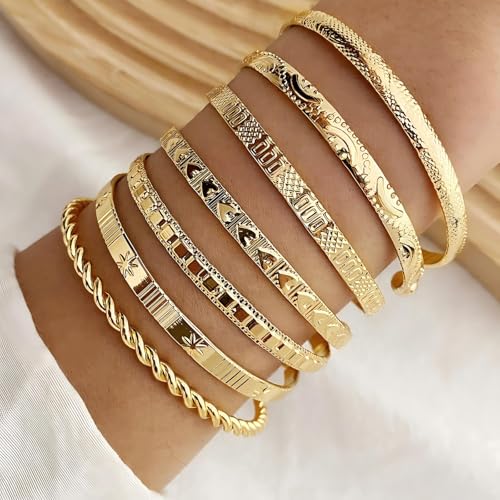 Gold Bangle Bracelet, 7 Pcs Gold Plated Dainty Layered Chain, 14K Layer Stackable Cuff Bracelet Set for Women (Gold)