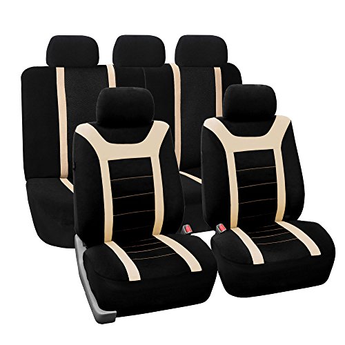 FH Group Full Set Cloth Car Seat Covers - Universal Fit, Low Back Front Seat Covers, Airbag Compatible, Split Bench Rear Seat, Washable Seat Cover for SUV, Sedan, Van Beige