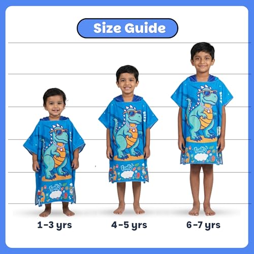 Image of Famyo Poncho Hood Maxx Towel for Kids 1-7 Years, Rexy Dino, 60 x 60 cm | Quick-dry microfiber hooded towel, soft, lightweight and absorbent for beach, pool and bath, suitable for boys and girls