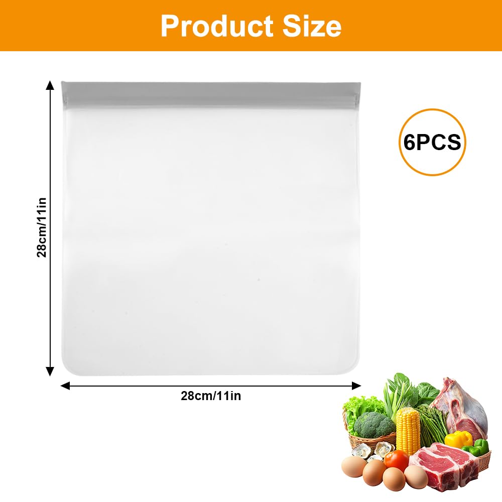 6 Bolsas De Silicona Reutilizables Para Alimentos - Tamaño 28x28 Cm (11x11 Pulgadas) - Sin BPA, Aptas Para Congelar, Lavables En Lavavajillas