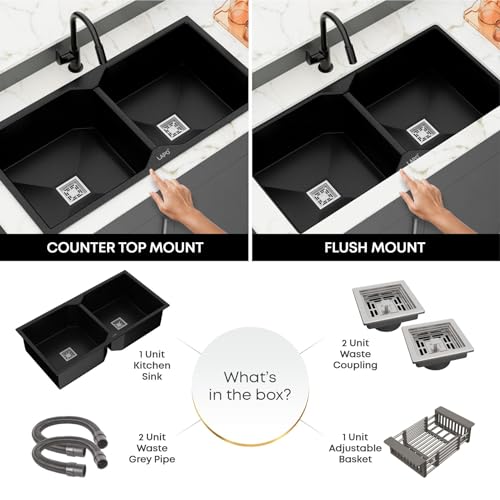 Image of LAPO Dual Bowl Quartz Granite Kitchen Sink | 37x18 Inch UV Protected Surface & Reduce Water Splash Noise | Tap Hole, Coupling, Drain Basket & Hose Pipe | 3 Year Warranty (Black Metallic)