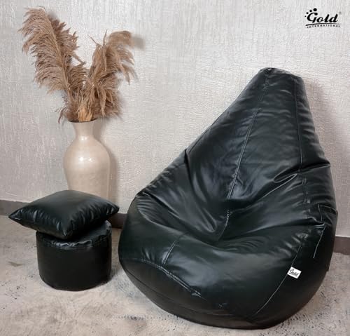 Image of Gold 3XL Bean Bag Combo with Footstool & Cushion | Faux Leather Teardrop Bean Bag for Adults & Teens | Pre-Filled with Beans | Home, Bedroom, Living Room, Office (3XL - Miltary Green)