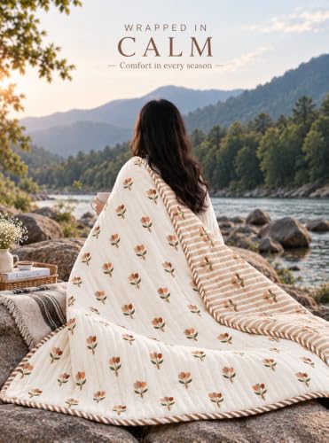 Image of RRC Jaipuri Floral Print Double Bed Razai | Cotton Lightweight AC Quilt | Soft Jaipuri Rajai | 200 GSM Summer Comforter | Double Bed Quilt Pack of 1