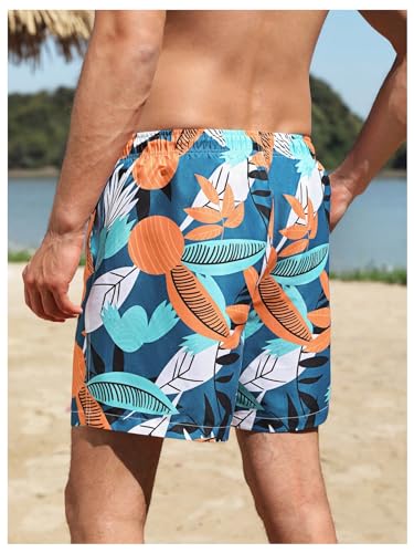 MakeMeChic Men's Tropical Print Swim Trunk Summer Casual Drawstring Beach Board Shorts2
