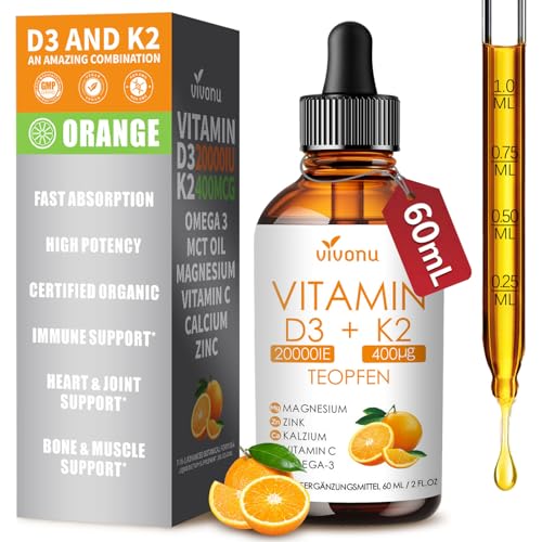 VivoNu Vitamin D3 K2 Tropfen 20.000IE D3 + K2-MK7 99 8% all-trans 400g - Magnesiumbisglycinat + Vitamine C Omega 3 & Zinc Orangengeschmack 60 ml