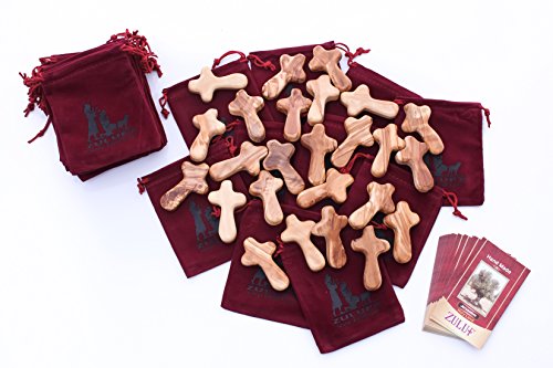 Zuluf Certified Olive Wood Crosses | 25 Bethlehem Gift Package Healing Prayer Wooden Crosses | 25 Bags & 25 Holy Land Certificates Small Pocket Holding Crosses from HolyLand | 6cm / 2.5 Inches CRS121