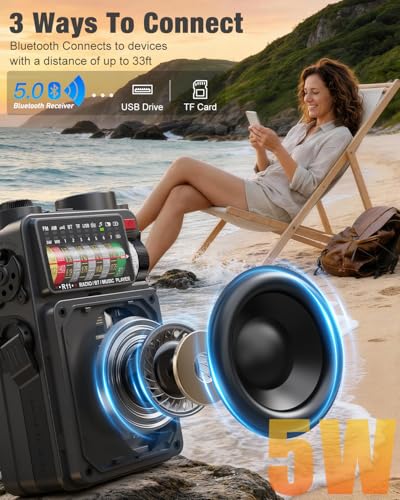 Image of Portable Shortwave Radios with NOAA /SW /AM /FM, for Camping & Home | Bluetooth Speaker,TF Playback,Solar Powered,Hand Crank,Flashlight,SOS Alarm,Weather Alert,Phone Charger