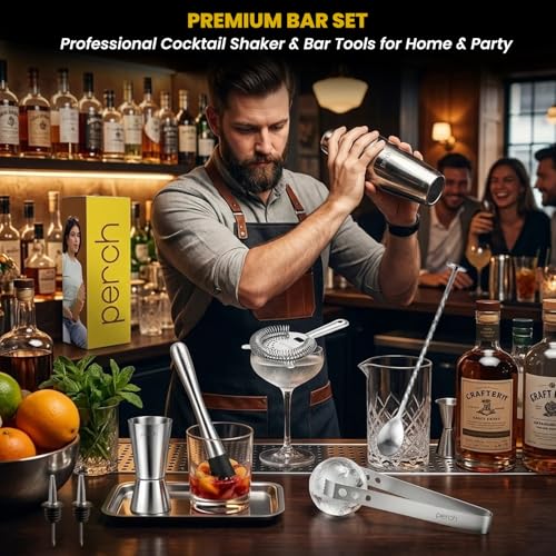 Image of O' Holic by Perch Craft 8-Piece Stainless Steel Bartender Kit|Premium Cocktail Shaker Set with Jigger 30 /60ml, Spoon,Pourer,Ice Tong, & Bar Tools|Professional Bar Set for Home &Tour Parties|Silver
