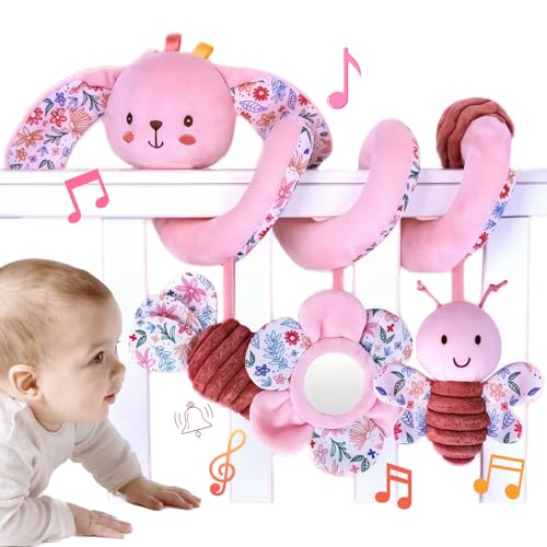 Image of Spiral Car Seat Toy for Babies 0-6-12 Months Girl, Stroller Hanging Baby Toys 0-3-4-5-6-7-8-9-12 Month Old Newborn Infant Toddler Rabbit Gifts Travel Carseat Mirror Crinkle Bunny Accessories