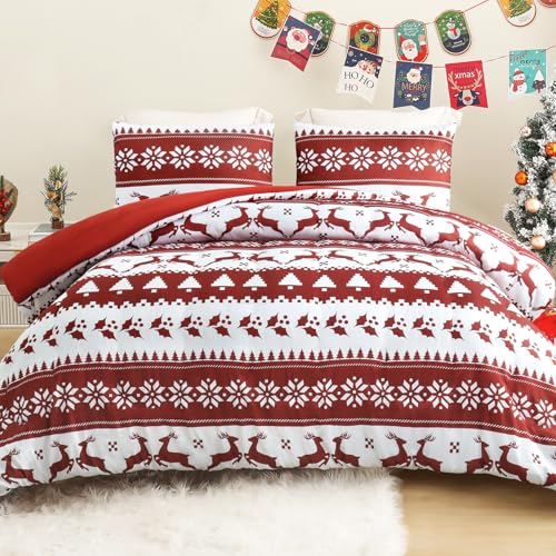 Exclusivo Mezcla 7.5 Tog Double Size Duvet Set with 2 Pillowcases Reversible White and Rust Red Striped Coverless Duvet All Seasons with Christmas Reindeer Snowflakes Pattern