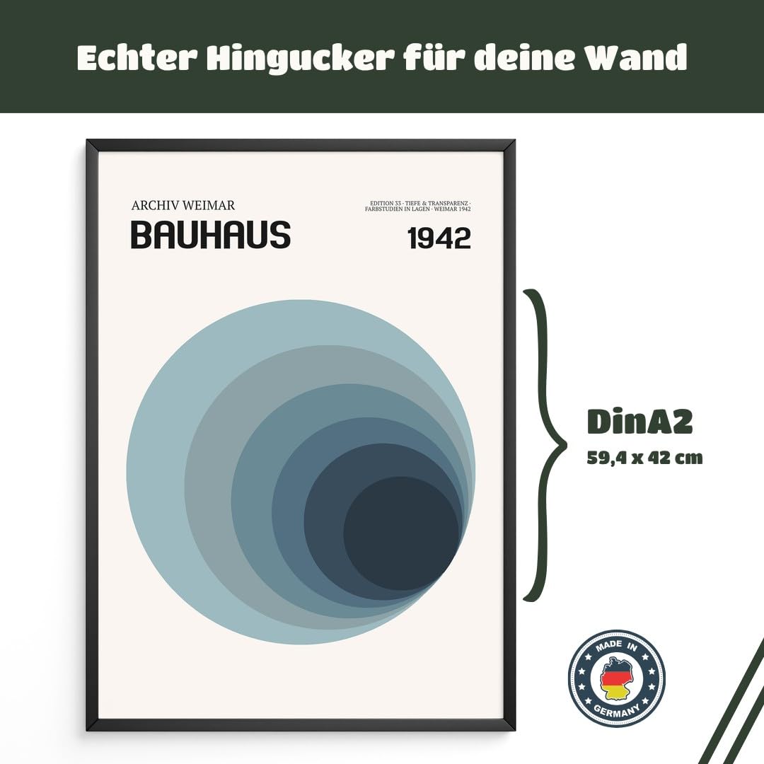 MJ-GRAPHICS® Poster Bauhaus Kunstdruck abstrakt Wandbild Weimar Farben Deko minimalistisch Wohnzimmer Kunstskulptur Retro geometrisch Blau Grau Flur Design A2 mit braunem Rahmen