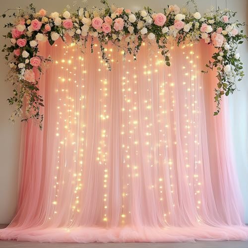 Xiomot Tulle Backdrop Curtain with Lights 10x10FT Peach Sheer Curtains by Xiomot - Used condition - US$13.69