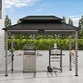 Sunjoy Wooden Grill Gazebo with AC Power Port, 8 x 12 ft. Steel Hardtop Outdoor Cedar Framed Gazebo for Year-Round Grilling with Built-in Electrical Outlets and Decorative Fence, Black