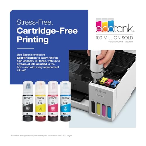 Image of Epson EcoTank ET-4903 Wireless All-in-One Color Supertank Printer with up to 3 Years of Ink, Refillable Tanks, Perfect for Home Office, 11 PPM, 1.44 inch Color Screen, Built-in Scanner, Fax, ADF - White