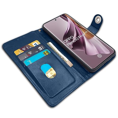 Image of Pikkme Oppo Reno 10 Pro Plus 5G Flip Cover Leather Finish | Inside TPU with Card Pockets | Wallet Stand and Shock Proof | Complete Protection Button Flip Case (Blue)