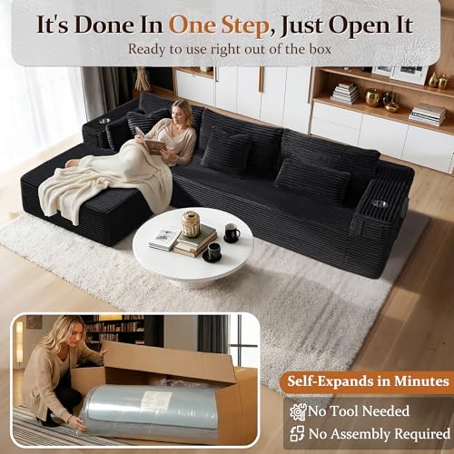 Image of 108 inch Oversized Cloud Sectional Couch, Comfort U Shaped Sofa for Living Room, Extra Deep Seats No Assembly, Minimalist Modular Couch, Corduroy (Black, 2 Seater+Left Facing Chaise)