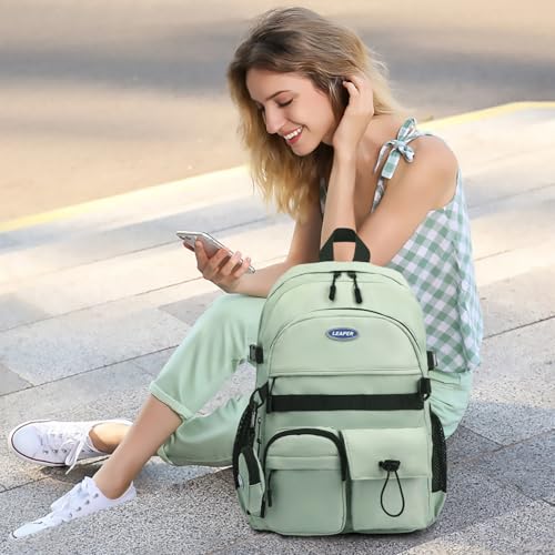 Leaper School Laptop Backpack for Women: Water Resistant Travel Backpack with Water Bottle Pocket - Laptop Bag for College Work - Lightweight Bookbag for Kids Girls Boys Green3