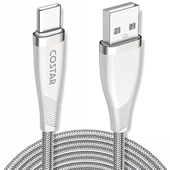 COSTAR 65W USB Type C - 3A Nylon Braided Fast Charging Cable and Data Sync Compatible Supports PD & QC 3.0 Charging for Oneplus, Samsung Galaxy, realme, IQOO, Redmi, Itel (6FT 2M, Silver)