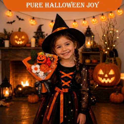 Image of Halloween Crochet Flower Bouquet with Pumpkin & Ghost, Handmade Orange Gift