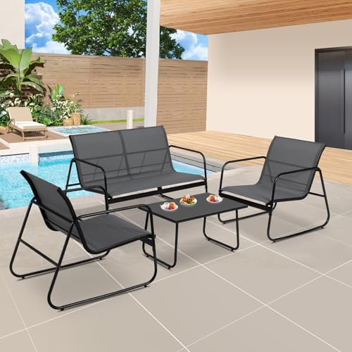 Mochalight 4-Piece Textilene Patio Conversation Set, Outdoor Furniture Set with Loveseat, 2 Single Chairs & Tempered Glass Coffee Table for Patio, Garden, Poolside & Balcony, Gray