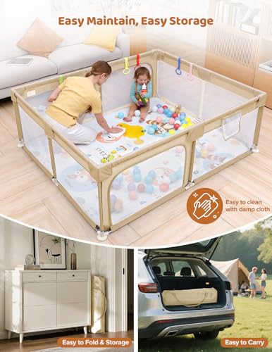 Image of Dripex Baby Playpent with Mat, 71 inchx59 inch Large Play Pen for Babies, Beige | Included Waterproof Mat /Portable Bag / Pull up Rings, Breathable Visible Mesh, Easy Setup, Indoor /Outdoor Use