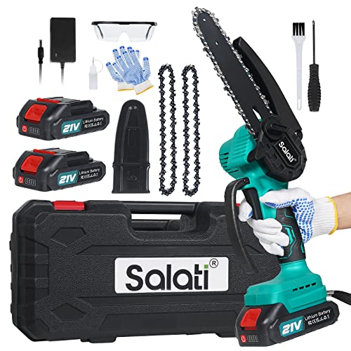 Mini Tronçonneuse à Batterie, Salati 6-Pouces Tronçonneuse Electrique sans fil avec 2 Batterie 2.0 mAh, 2 Chaînes, Bouton de Sécurité, Lumière LED, pour la Coupe du bois, l'élagage le Jardin