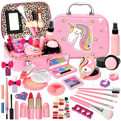 Flybay Maquillage Enfant Jouet Fille, Lavable Trousse Maquillage Enfant avec Sac à Main, Non Toxique Kit de Maquillage Enfant Fille, Cadeau de Noël Anniversaire pour Fille 3 4 5 6 7 8+ Ans