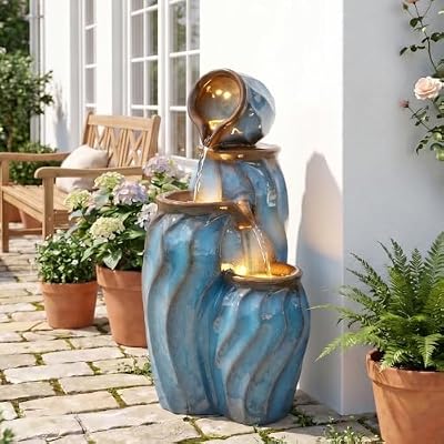 TOBYUL 4-Tier Faux Ceramic Pots Outdoor Water Fountain with LED Lights