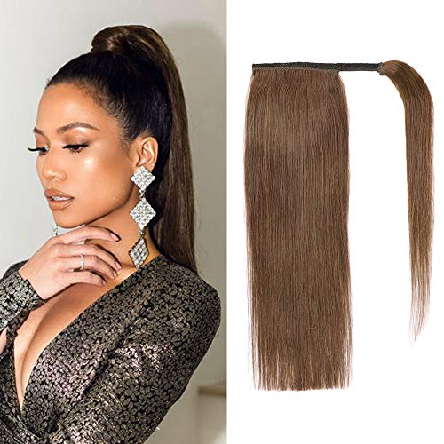 Ponytail Extension Clip in Ponytail Hair Extensions Remy Human Hair Wrap Around Ponytail Long Straight Highlight Ponytail Hairpiece Pony Tails Hair Extensions for Women 16" 70g