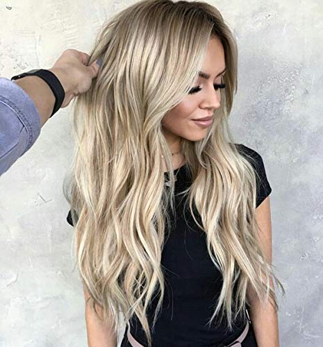 LaaVoo 14inch Highlight Blonde Wavy Front Lace Wig Human Hair Wig 130% Density Medium Part with Baby Hair Color #18 Ash Blonde to Color #22 Meidum Blonde