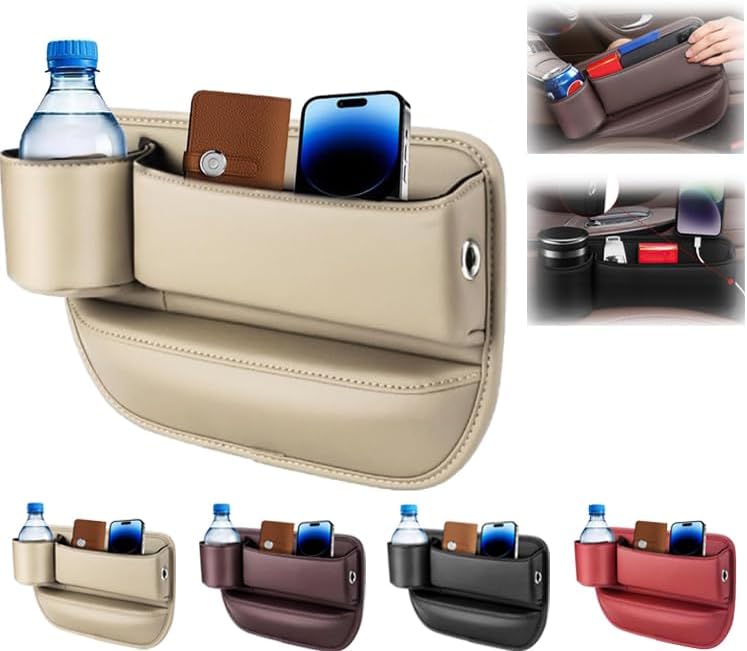 Bolsa de cuero para portavasos de automóvil, organizador de espacio para asiento de automóvil con soporte para taza de agua y orificio de carga para