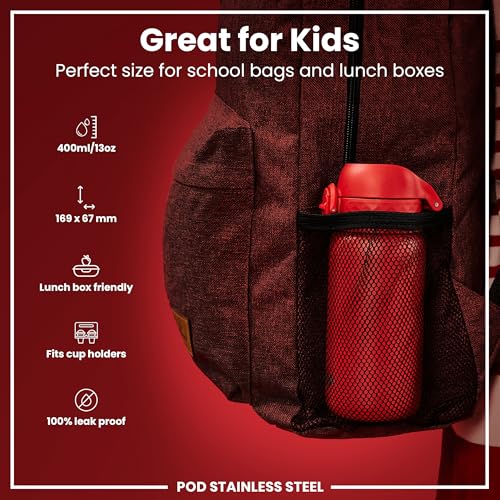 Ion8 Lightweight Stainless Steel Kids Water Bottle, 400ml/13oz, Non-Insulated, Leakproof, Effortless to Open, Secure Lock, Dishwasher Safe, Fits Cup Holders, Carry Handle, Metal Water Bottle, Red - Image 2