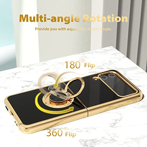 Oakxco Samsung Galaxy Z Flip 4 Case With Ring Kickstand, Elegant Luxury Gold Edge Glossy Phone Case With Magnetic Ring Holder Flip 4 Protective Cover For Women Girl Cute, Slim Fit Soft Tpu, Black #TOP4