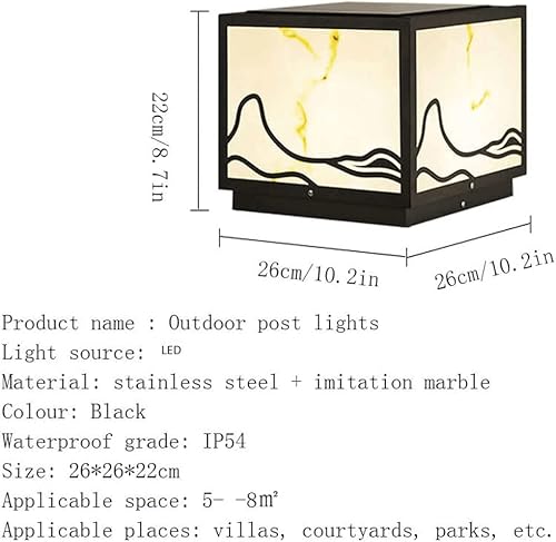 Miniatura 2 de ZEELYDE Luces de poste al aire libre, luz solar de pilar cuadrada de acero inoxidable imitación mármol sombra lámpara de pilar al aire libre