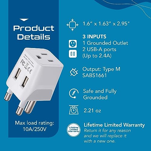 Image of Ceptics USA to South Africa Travel Adapter Plug with Dual USB - Type M - Ultra Compact