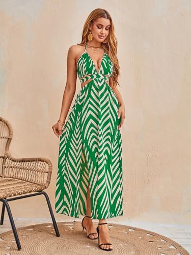 Image of SweatyRocks Women's High Split Tie Backless Cut Out Halter Maxi Dresses Boho Vacation Long Dress