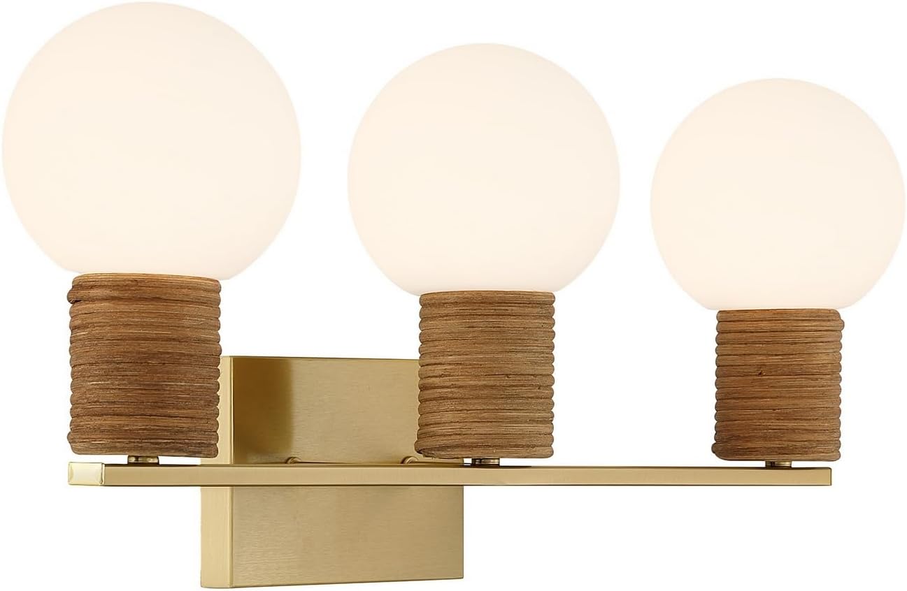Savoy House 8-4081-3-322 Jarrell Modern White Opal Glass Orb Bathroom Vanity Wall Light with Rattan Accents, 3-Light 180 Total Watts, 10" H x 24" W, Warm Brass