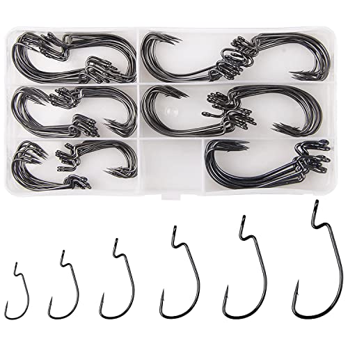 150Stk Offset Angelhaken Set - Kohlenstoffstahl Wurm Haken, Widerhaken für Gummifische Köder, Texas Rig, Salzwasser…