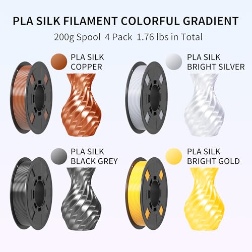 Image of RAMBERY Silk PLA Filament, Silver /Gold /Copper /Grey, 1.75mm, 200g x 4 | Shiny Metallic, Dimensional Accuracy + /-0.02mm, 3D Printer Filament
