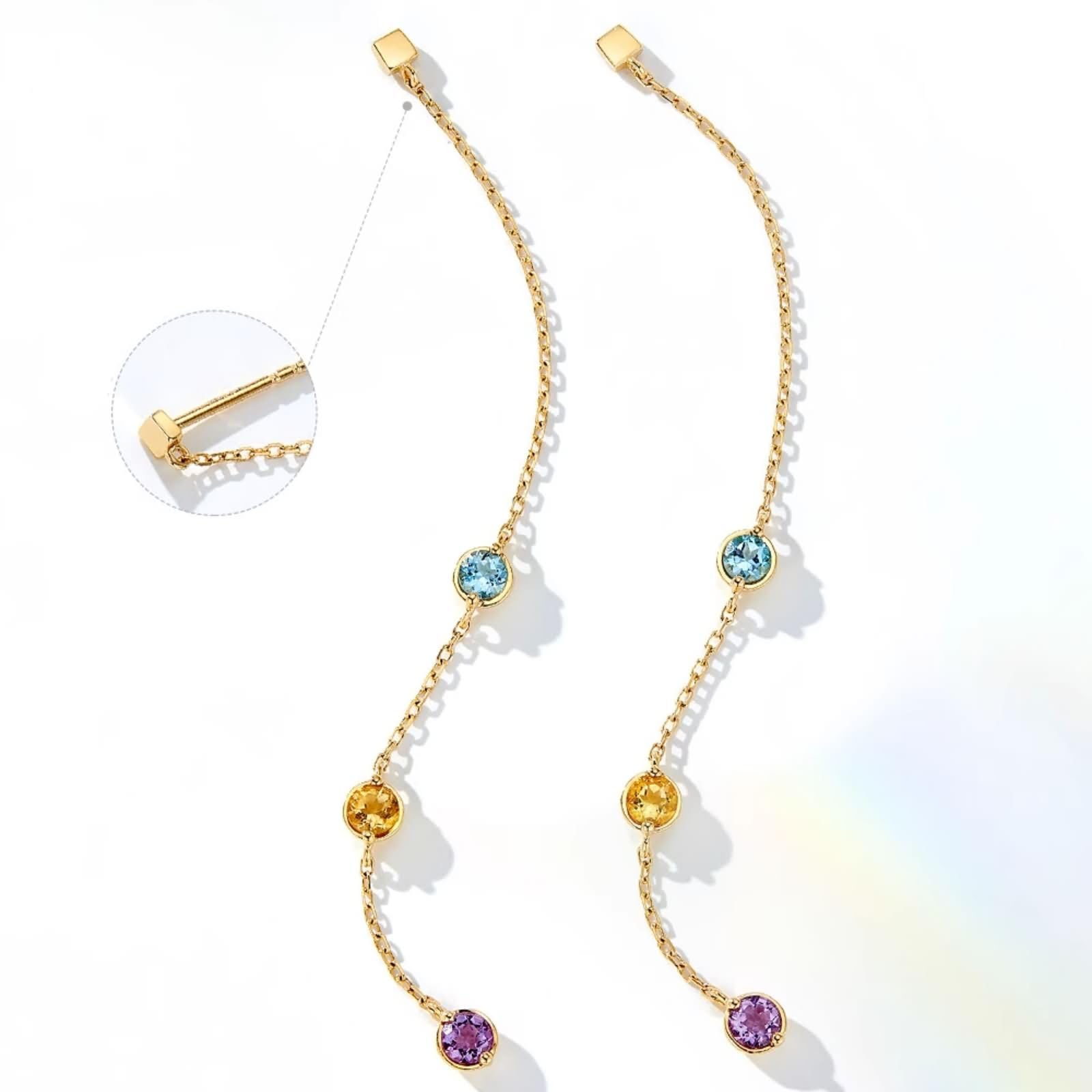 Damen Gelbgold Ohrringe 9K / 14K / 18 Karat, Lange Kette mit Topas Citrin Amethyst, Schmuck Ohrringe Frauen Gold Mehrfarbig