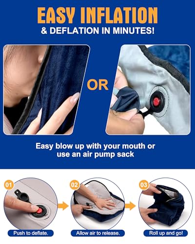Image of Inflatable Camping Pillow - Ultralight Compact Travel Pillow, Picnic-Blue | Beach, Blow Up, Portable, Sleeping Bag Pillow, Backpacking, Soft Velvet Cover, Machine Washable Air Pillow