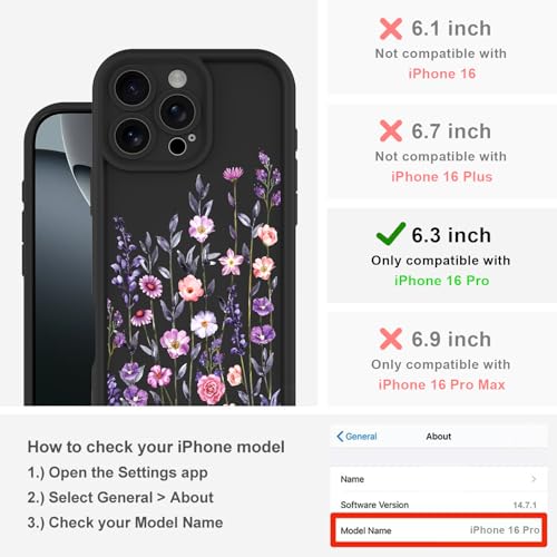 Image of Designed for iPhone 16 Pro Case, Cute Flower Floral Pattern Design, Thickened Soft TPU Liquid Silicone Protective Cover for Women Girls - Black