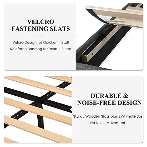 Sha Cerlin Full Platform Bed Frame With Upholstered Fabric Headboard, Mattress Foundation With Strong Wooden Slats Support, No Box Spring Needed, Grey #TOP4