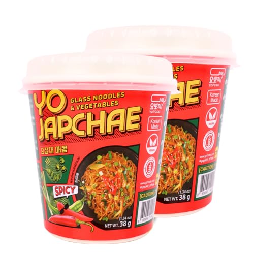 Yojapchae Japchae Noodles Cup 2-Pack - Korean Glass Noodles, Quick Preparation Ready in 4 Minutes, Vegan & Gluten-Free, Savory Sweet Flavor, Easy Korean Food (2 Cups, Spicy)