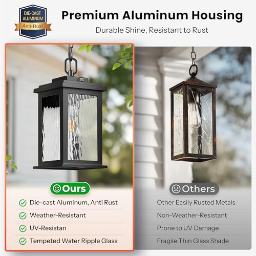Image of Gleamz Dusk to Dawn Outdoor Pendant Lights for Porch with Water Glass | Black Waterproof Aluminum Hanging Porch Light with Adjustable Chain, Outside Chandelier for Porch, Patio, Driveway, 1 Pack