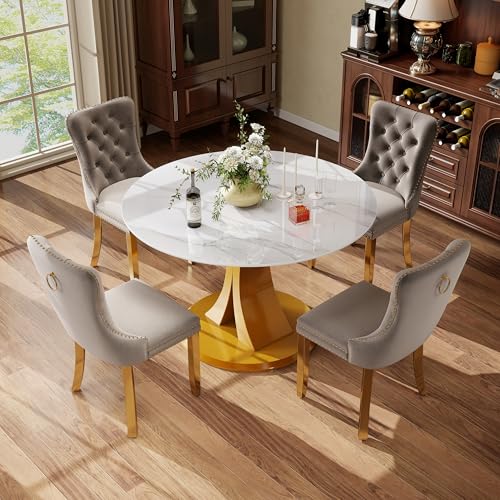 Image of 5-Piece Dining Table Set with 39In Faux Marble Table and 4 Velvet Upholstered Chairs, Modern Scandinavian Furniture for Dining Room Kitchen(Gray&Gold)
