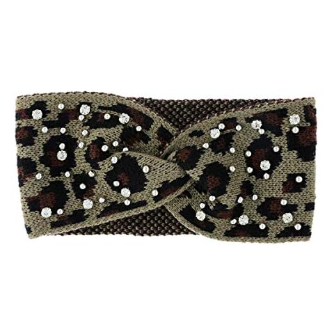 SP Sophia Collection Women's Glittery Rhinestone Soft Stretch Knotted Cable Winter Knit Ear Warmer Headband Hair Accessories in Leopard Brown Cover