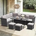YOCONYO Patio Furniture Set, 7 Pieces Outdoor Dining Sets, All Weather Rattan Conversation Set Outdoor Dining Sectional Sofa with Large Dining Table, Ottoman (Grey-Light Grey, B-7 Pieces)