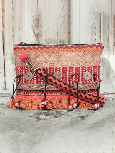 Image of The House of tara Cross Body Sling Bag with Embellishments and Tassels /Trims | Internal Zip Pocket | Jute Crossbody Bag in Multi Colour with Zip Closure | Handmade.